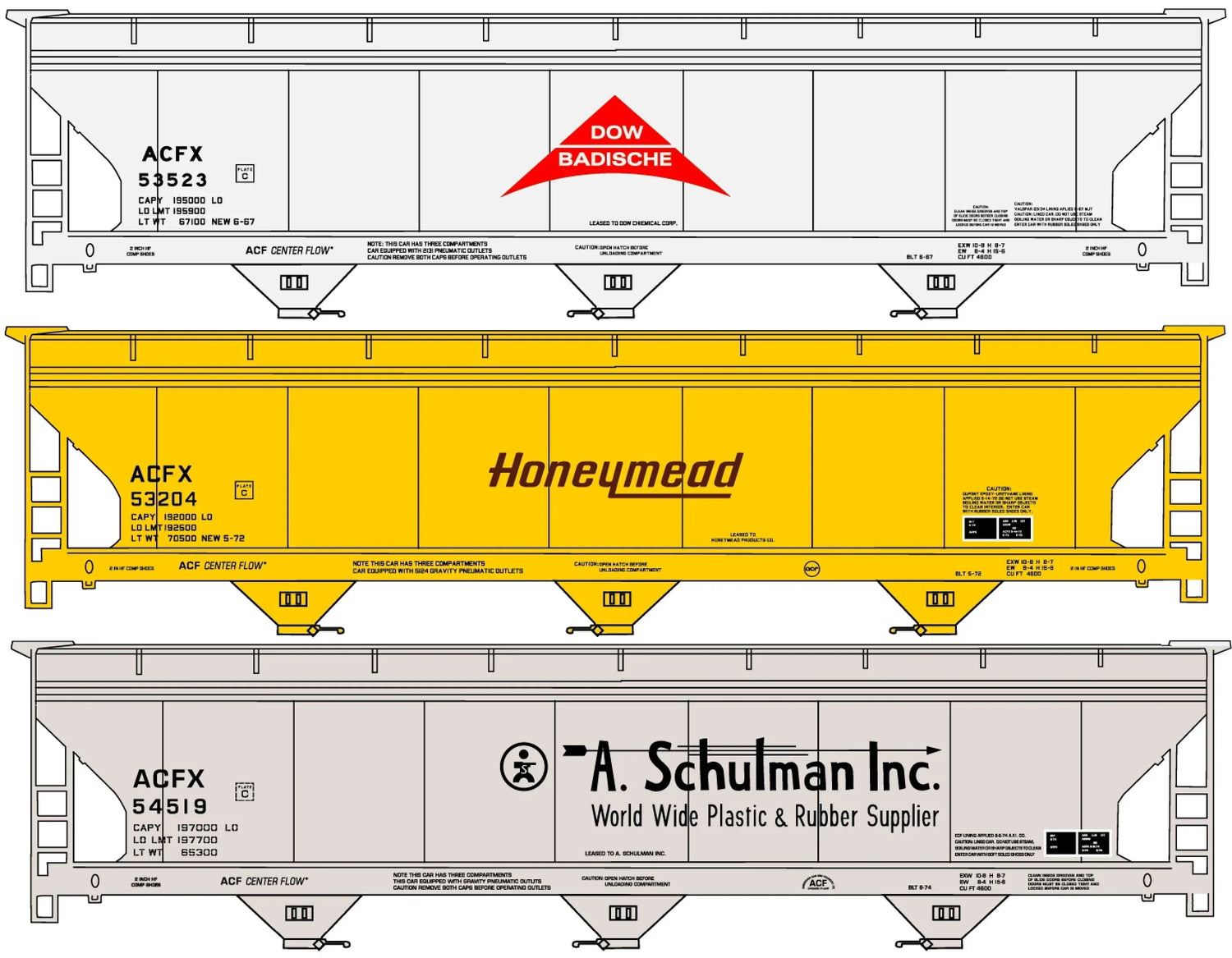 Three-car set of Accurail Inc. 8176 ACF covered hopper cars, detailed model train freight cars with realistic paint and markings.