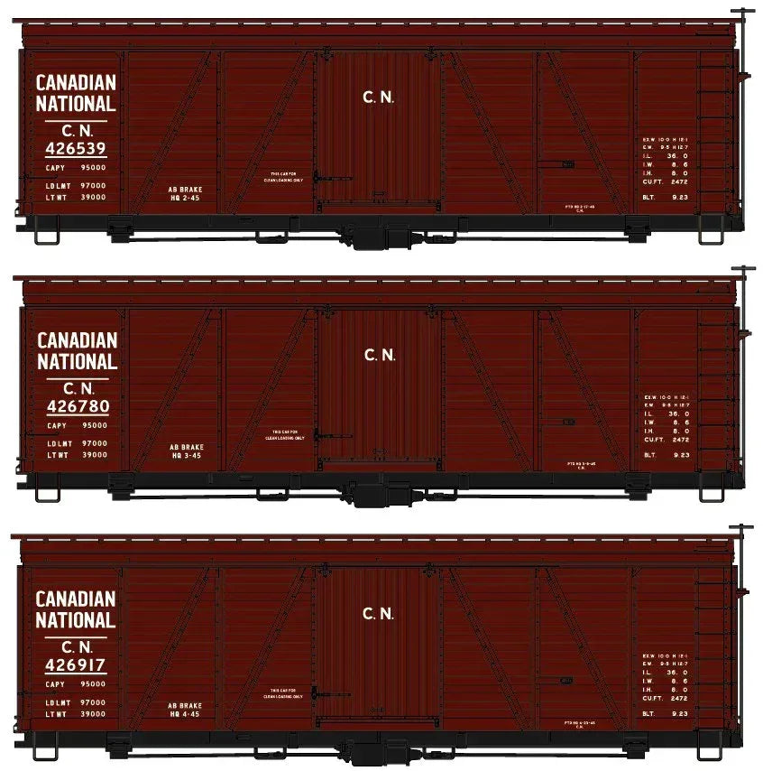 Canadian National model 8154 three-car train set by Accurail Inc, detailed model railway cars on display.