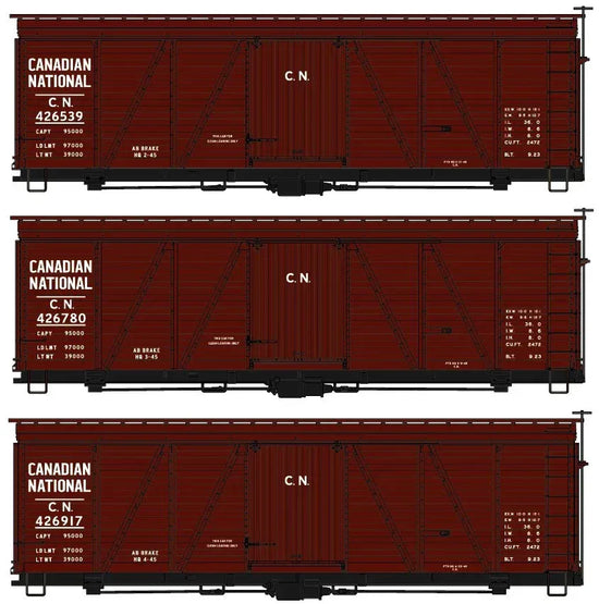 Canadian National model 8154 three-car train set by Accurail Inc, detailed model railway cars on display.