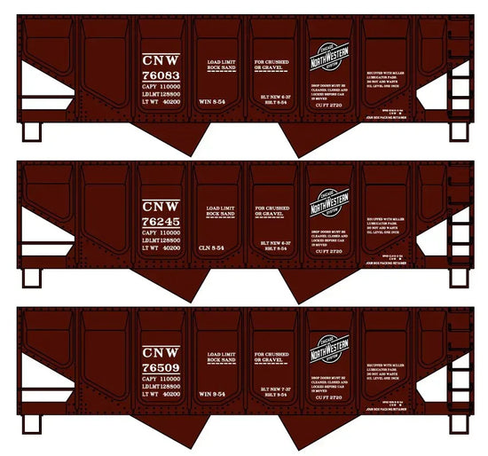 Accurail Inc Chicago & North Western Panel-Side Twin Hopper 3-car train set for model railroads, featuring detailed railcar designs.
