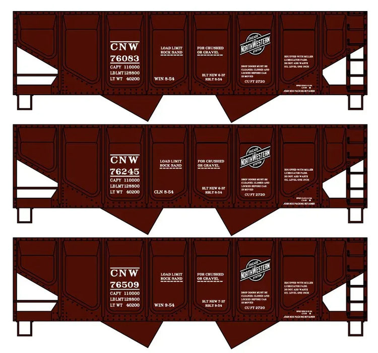 Accurail Inc Chicago & North Western Panel-Side Twin Hopper 3-car train set for model railroads, featuring detailed railcar designs.