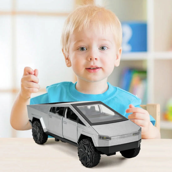 Silver 1:36 scale diecast Cybertruck pickup toy car by BYMRR Train Store, pull-back model for collectors and children ages 3 and up