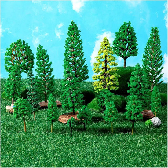 Assorted miniature trees by ALDMIO for crafting, dioramas, cake decorations, train scenery, and fairy gardens in various sizes.