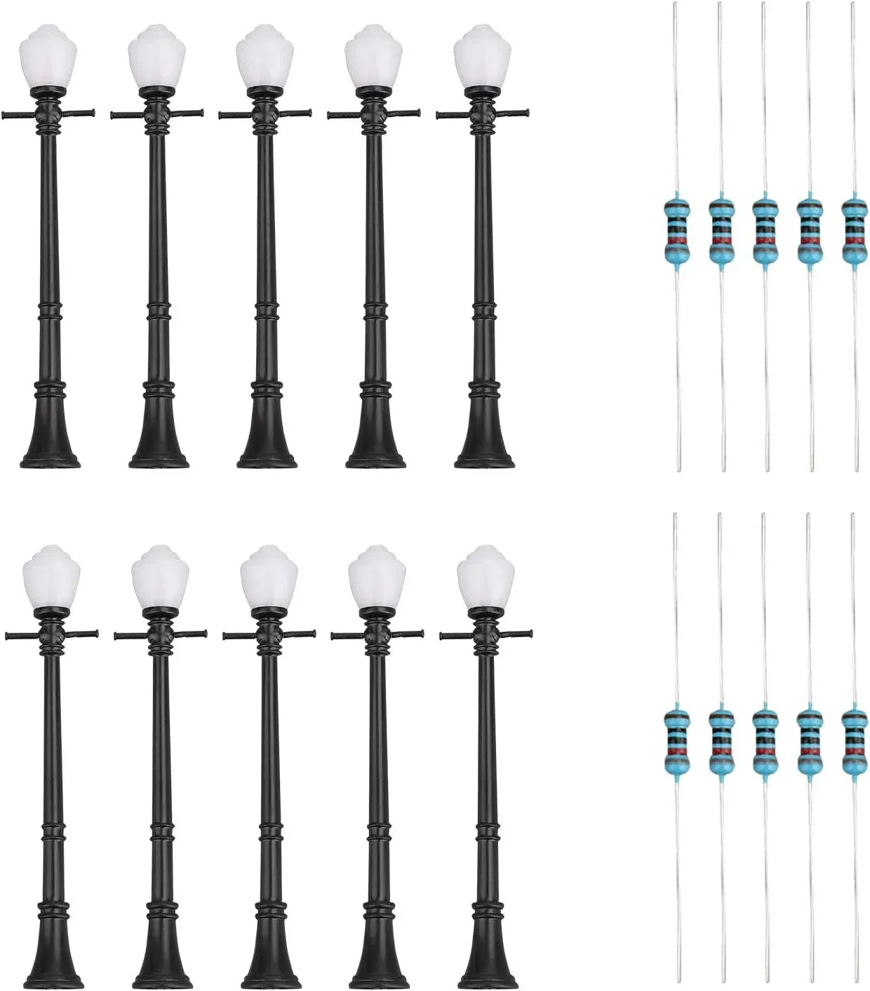 Artudatech 10-piece LCX04 model railway lamppost set with O scale LEDs, detailed street lights for model train layouts.