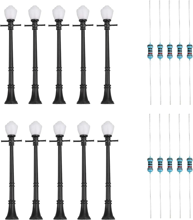 Artudatech 10-piece LCX04 model railway lamppost set with O scale LEDs, detailed street lights for model train layouts.