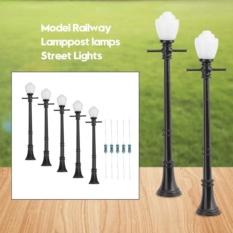 Artudatech 10-piece LCX04 model railway lamppost set with O scale LEDs, realistic street lights for train layouts.