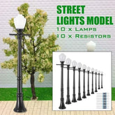 Artudatech 10-piece LCX04 model railway lamppost street light set with O scale LEDs for detailed train layouts.