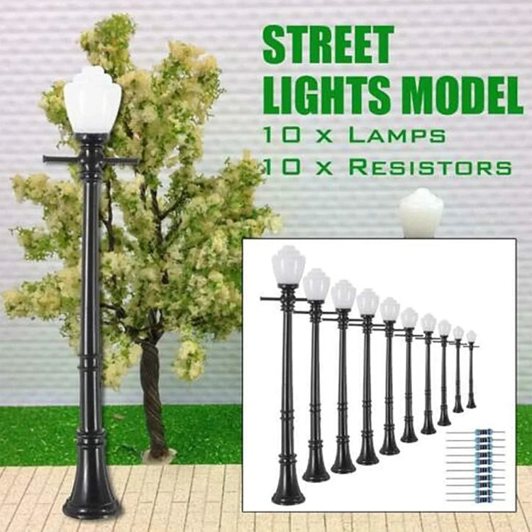 Artudatech 10-piece LCX04 model railway lamppost street light set with O scale LEDs for detailed train layouts.