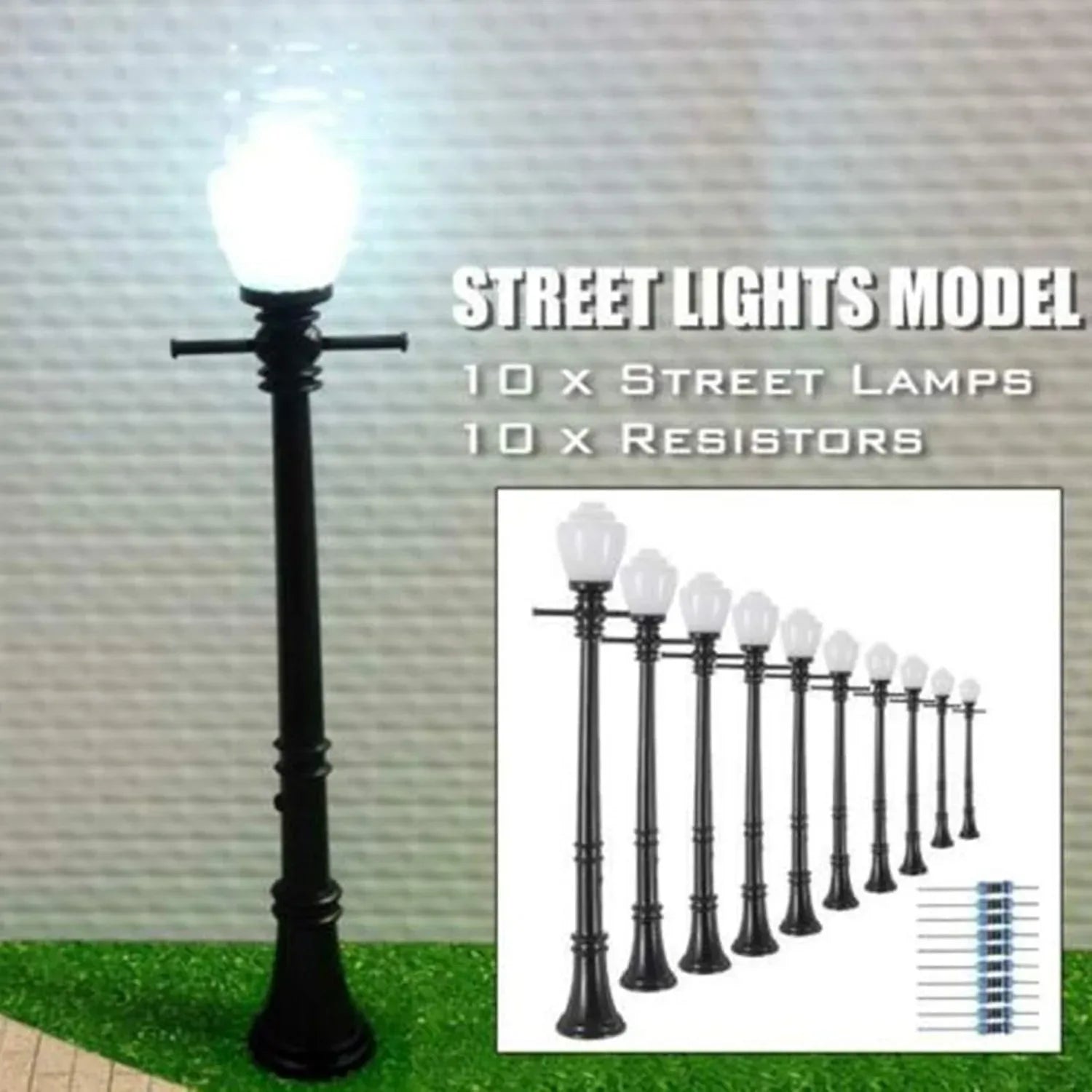 Artudatech 10-piece LCX04 model railway street light set with O scale LEDs, featuring detailed lampposts for O gauge train layouts.