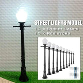 Artudatech 10-piece LCX04 model railway street light set with O scale LEDs, featuring detailed lampposts for O gauge train layouts.