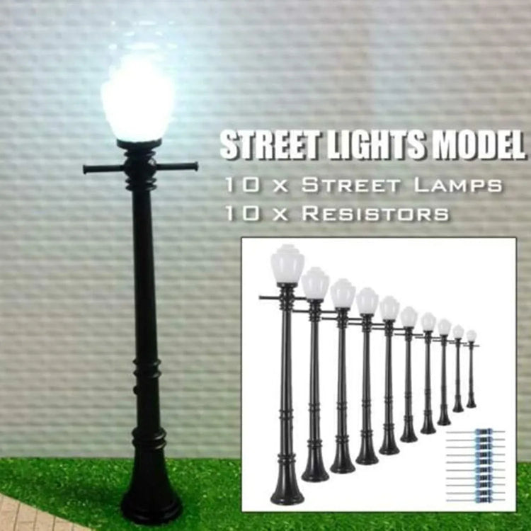 Artudatech 10-piece LCX04 model railway street light set with O scale LEDs, featuring detailed lampposts for O gauge train layouts.