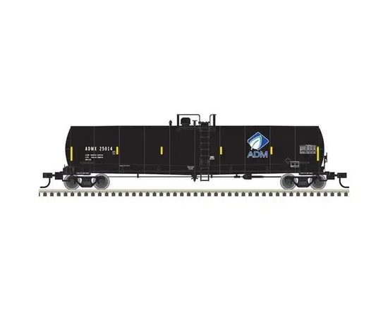 Atlas HO Master ACF 23,500-gallon tank car model with leaf detailing, designed for HO scale model train collections.