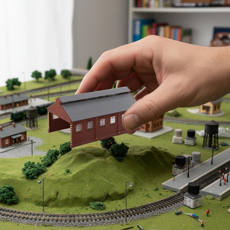 Red N scale painted service shop maintenance building for model railroads, detailed miniature by BYMRR Train Store.