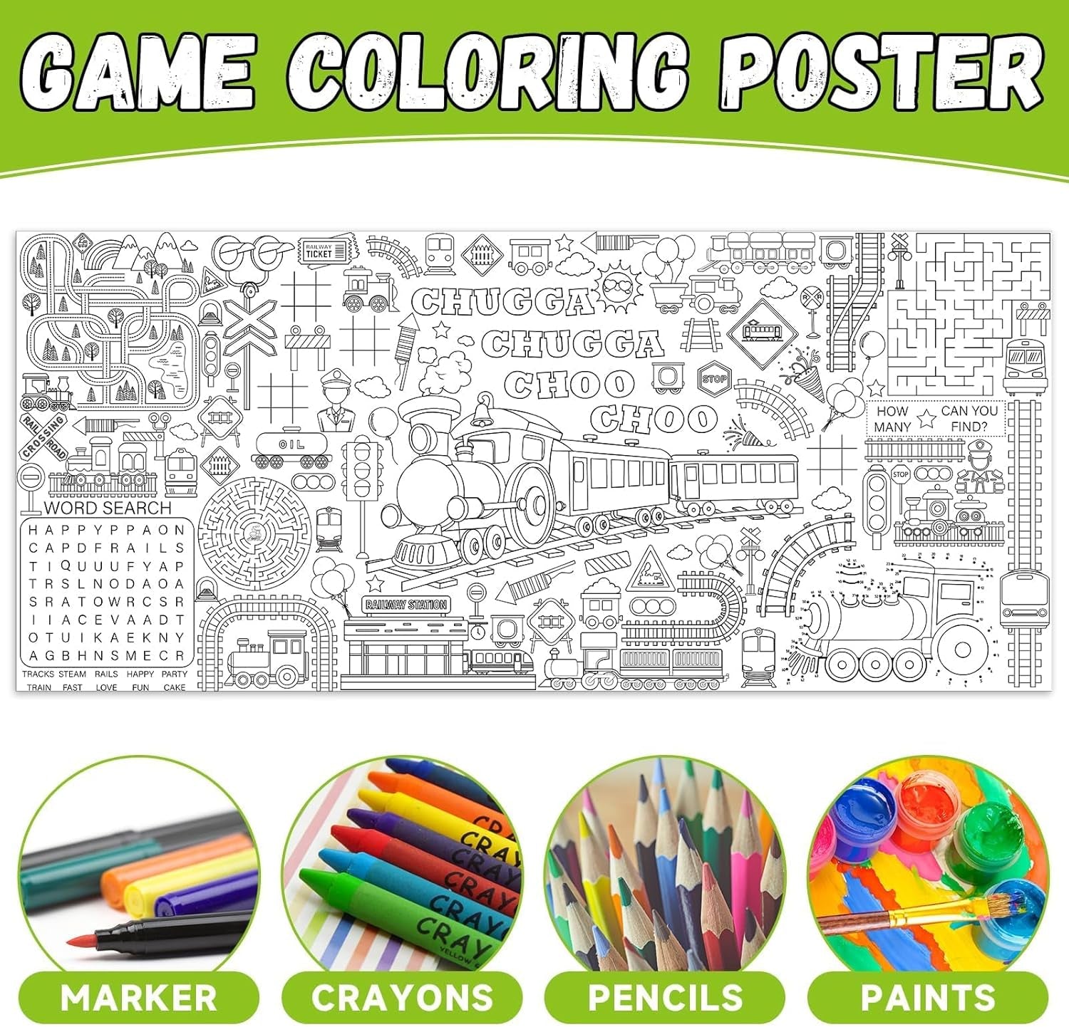 Train Giant Coloring Poster Train Large Versatile Activity Drawing Paper Coloring Tablecloth DIY Trains Theme Game Poster Table Cover Children Art Crafts Coloring Mat Home Classroom Party Suppiles