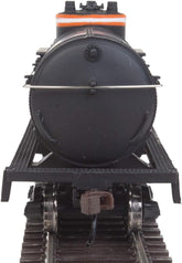 HO scale ready-to-run tank car by BYMRR Train Store with black, orange, and white stripes, modeled after Atchinson, Topeka & Santa Fe 