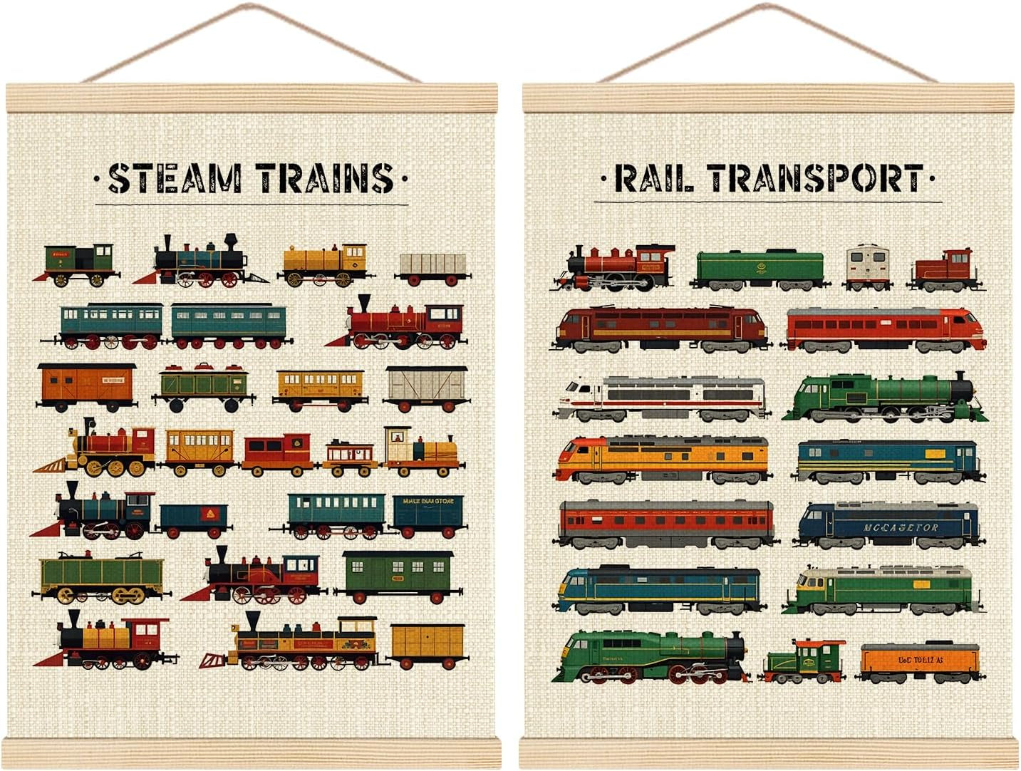 HKTZM Steam Trains Wooden Poster Hanger Frame 12.5×17 Inch,Vintage Train Locomotives Rail Transport Hanging Wall Poster for Toddler Boy Room Playroom Nursery,Set of 2