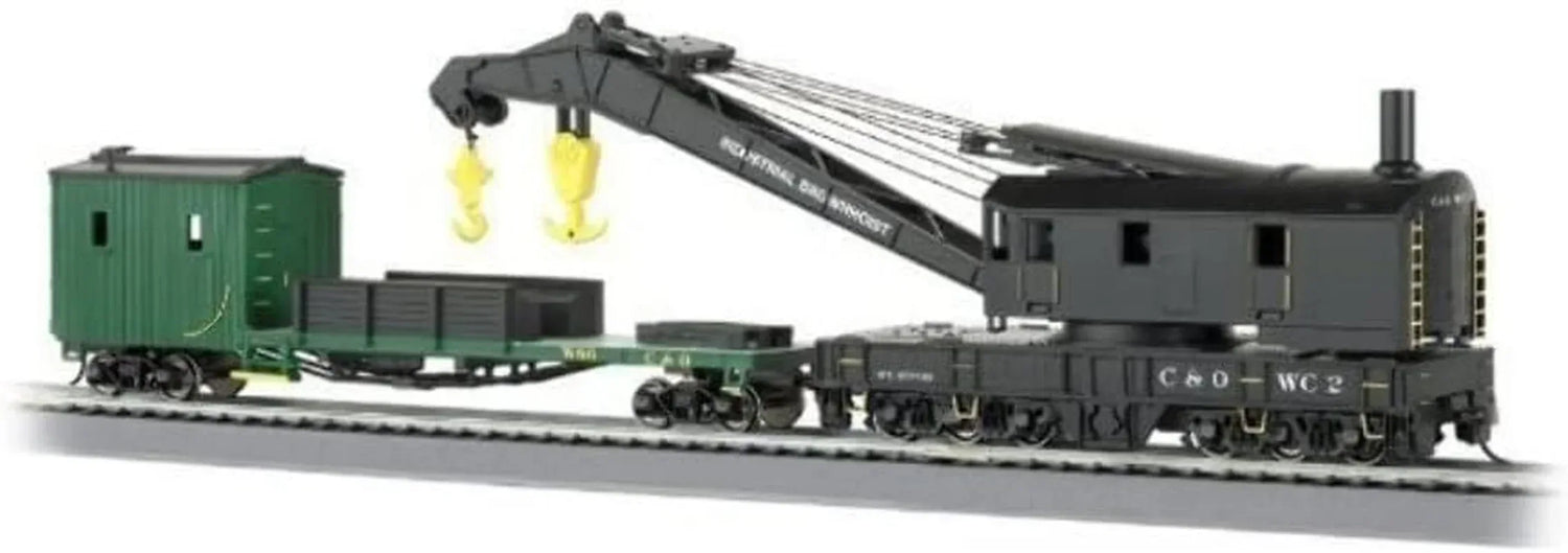 Bachmann HO Scale 250 Ton Steam Crane and Boom Tender model with detailed railcar and crane components for Chesapeake & Ohio collectors