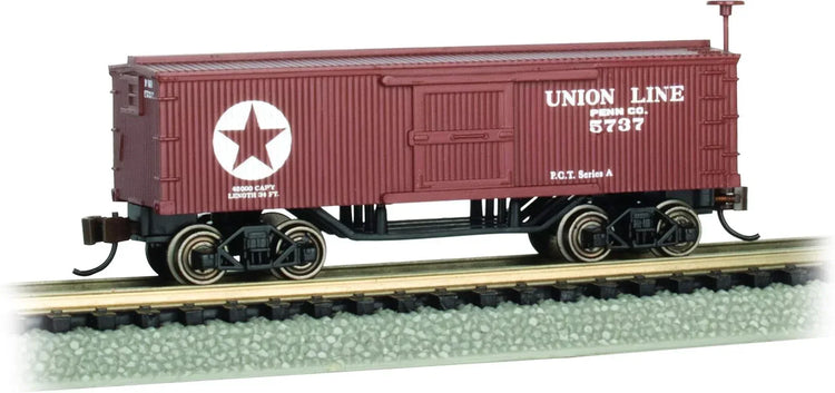Bachmann Old-Time Box Car from Union Line N scale model train collection, detailed vintage freight car on track.
