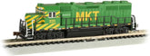 Bachmann Trains EMD GP40 diesel locomotive in MKT™ livery with dynamic brakes, N scale model on a model railway track