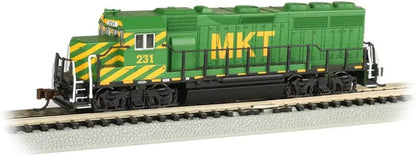 Bachmann Trains EMD GP40 diesel locomotive in MKT™ livery with dynamic brakes, N scale model on a model railway track
