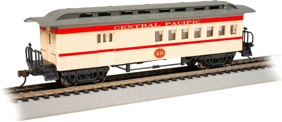 HO scale Bachmann Central Pacific passenger cars from the 1860-1880 era, detailed model railway cars for train enthusiasts.