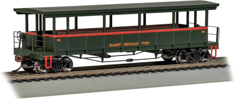 HO scale Bachmann East Broad Top open-sided excursion train car with detailed exterior and open windows.