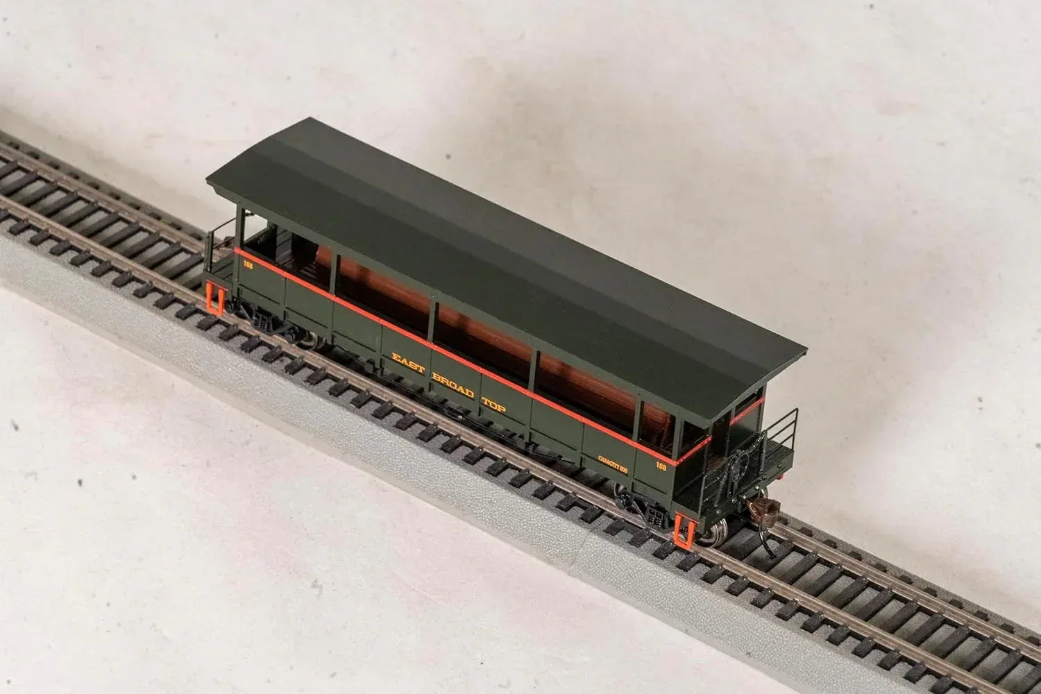 HO scale Bachmann open-sided excursion car with East Broad Top 