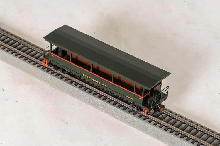 HO scale Bachmann open-sided excursion car with East Broad Top 