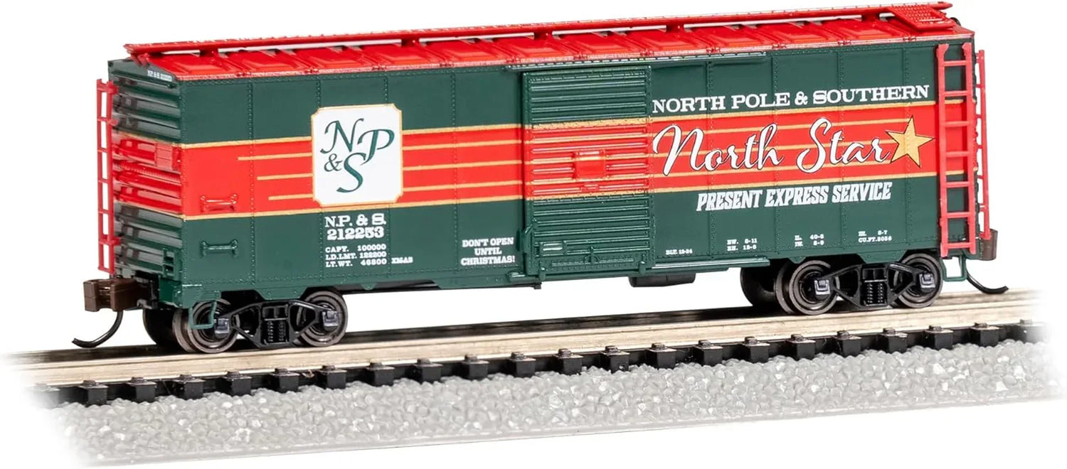 Bachmann N scale AAR 40-foot steel box car with detailed paint and markings, ideal for holiday-themed model train collections.