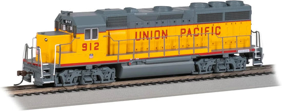 Bachmann EMD GP40 model train locomotive with DCC, detailed black and yellow paint, ready for model railroad setup.