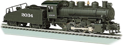 Bachmann HO Scale ATSF USRA 0-6-0 locomotive with smoke and slope tender, detailed model train for hobby collections.