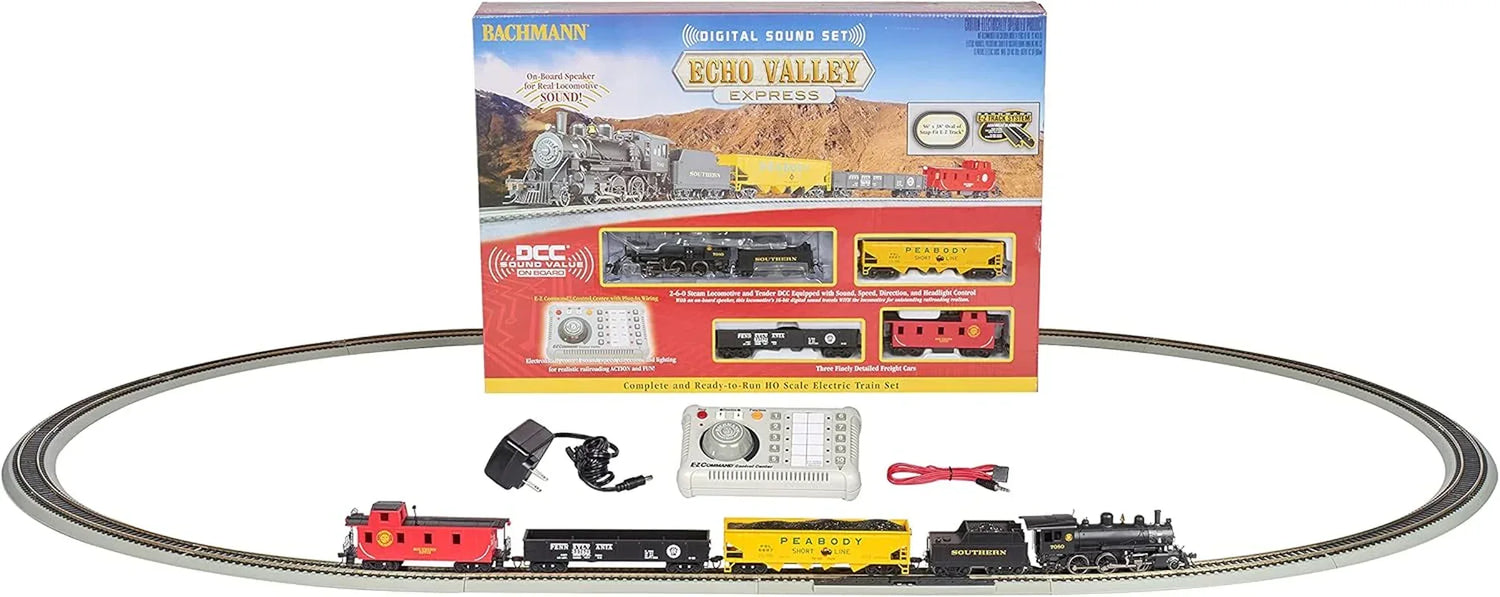 Bachmann Industries HO Scale Echo Valley Express DCC Sound Electric Train Set with locomotive and passenger cars on track.