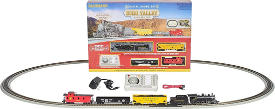 Bachmann Industries HO Scale Echo Valley Express DCC Sound Electric Train Set with locomotive and passenger cars on track.