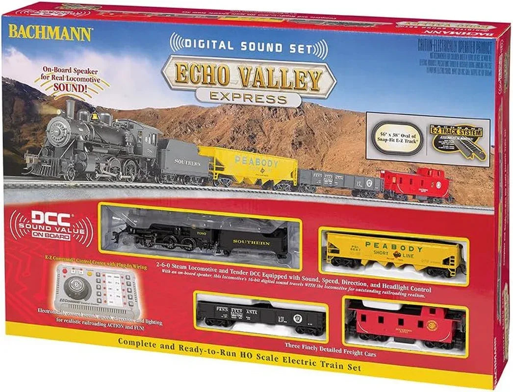 HO scale Bachmann Trains Echo Valley Express DCC sound electric train set with locomotive and cars, ready to run on model railway layouts.