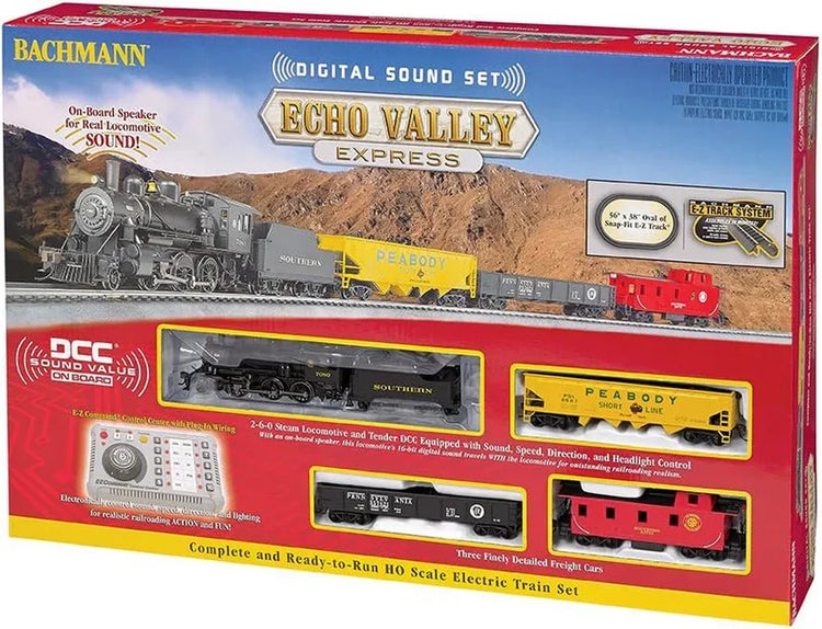 HO scale Bachmann Trains Echo Valley Express DCC sound electric train set with locomotive and cars, ready to run on model railway layouts.