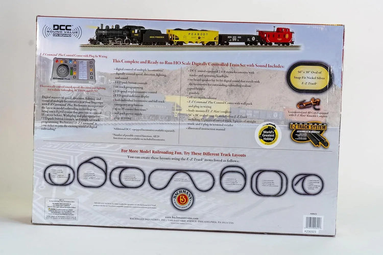 Bachmann Trains Echo Valley Express HO Scale electric train set with DCC sound, ready to run, featuring detailed locomotive and cars.