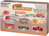 Bachmann Trains Super Chief N Scale electric train set with locomotive, passenger cars, and tracks on a display table.