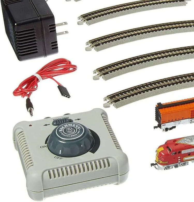N scale Bachmann Trains Super Chief electric train set with locomotive and passenger cars on a model railway track.