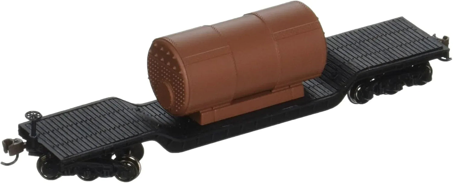 N scale Bachmann Industries 52-foot center-depressed flat car with detailed boiler for model train collection.