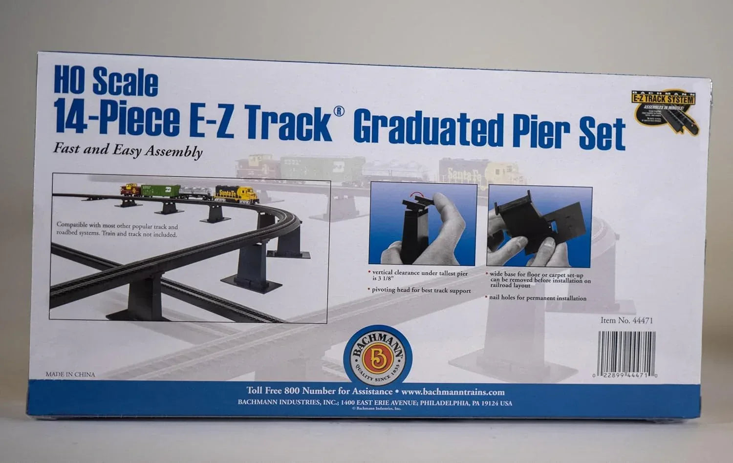 Bachmann Trains HO Scale 14-Piece E-Z Track Graduated Pier Set with detailed railway supports and track sections.