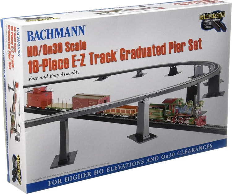 Bachmann Industries Inc. 18-piece white E-Z Track graduated pier set for HO and On30 scale model train layouts.