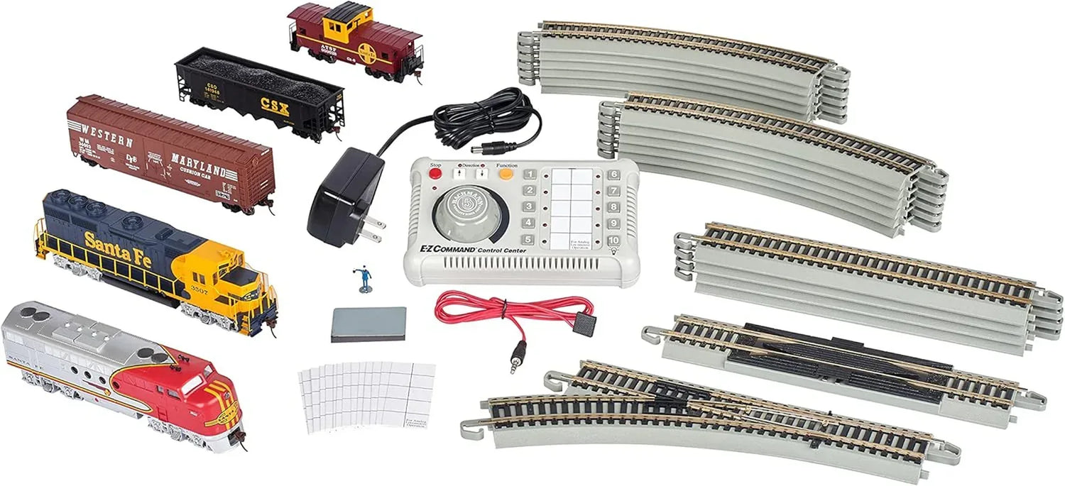 HO scale electric train set with Bachmann Industries Inc. Digital Commander DCC system, ready to run, featuring detailed train cars and track.