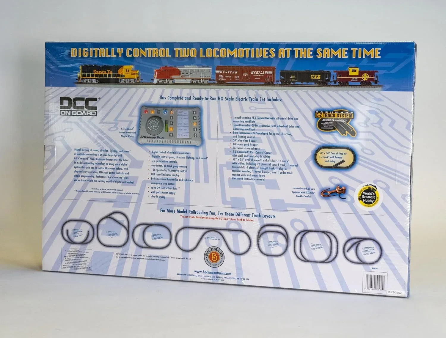 Bachmann Trains Digital Commander DCC-equipped HO scale electric train set with locomotive and cars on a track.