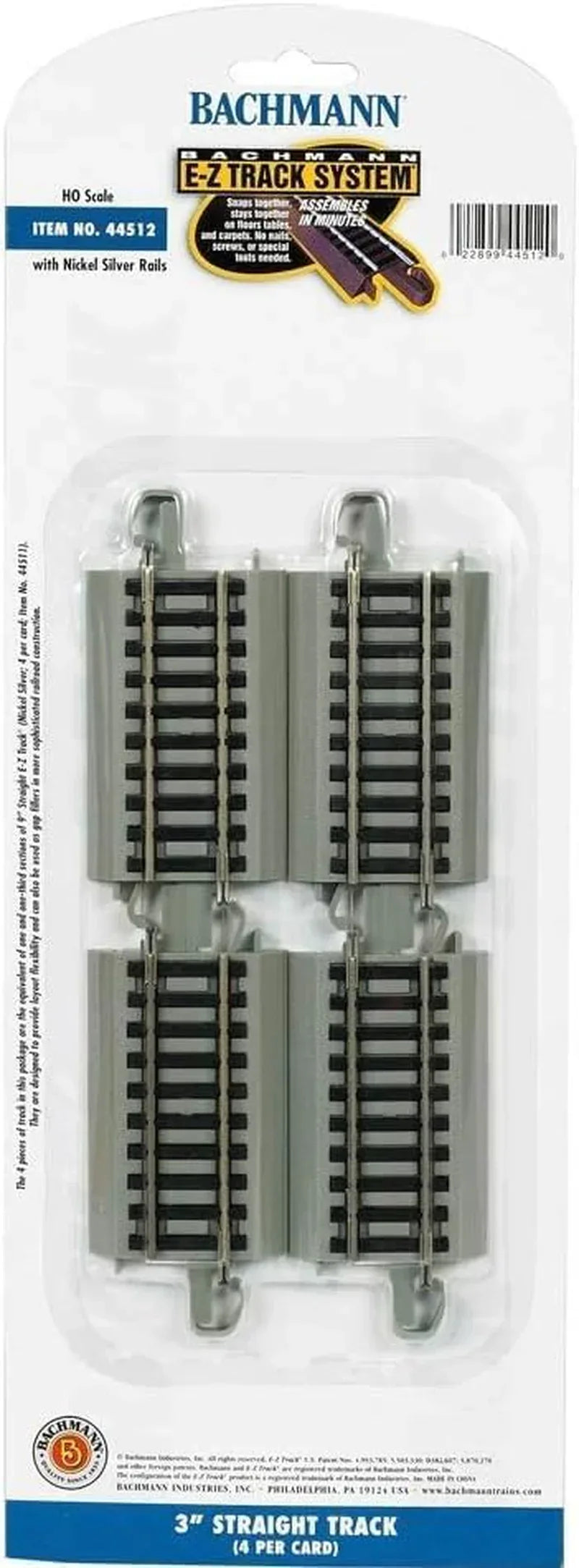 Bachmann Trains HO Scale Snap-Fit E-Z Track 3-Inch Straight Track pack with nickel silver rails and gray roadbed, set of four pieces.