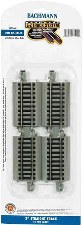 Bachmann Trains HO Scale Snap-Fit E-Z Track 3-Inch Straight Track pack with nickel silver rails and gray roadbed, set of four pieces.