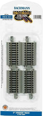 Bachmann Trains HO Scale Snap-Fit E-Z Track 3-Inch Straight Track pack with nickel silver rails and gray roadbed, set of four pieces.