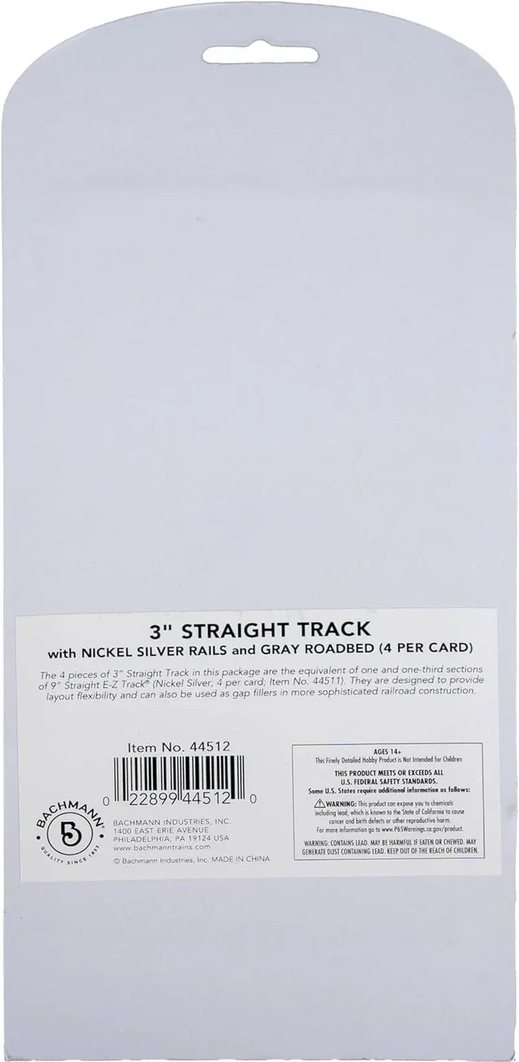 Bachmann Trains HO Scale Snap-Fit E-Z Track 3-inch straight track with nickel silver rails and gray roadbed, pack of four.