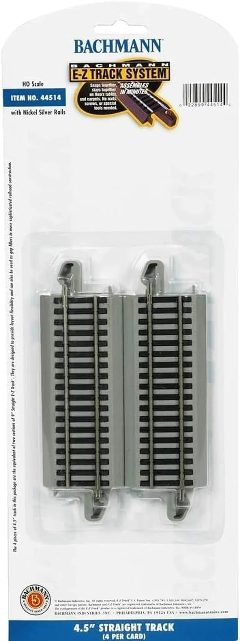 Bachmann Trains HO scale Snap-Fit E-Z Track 4.50-inch straight track pack with nickel silver rails and gray roadbed, 4-pack.