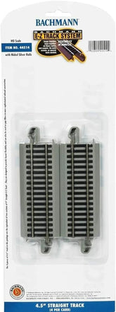 Bachmann Trains HO scale Snap-Fit E-Z Track 4.50-inch straight track pack with nickel silver rails and gray roadbed, 4-pack.