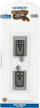 Pair of Bachmann Trains Snap-Fit E-Z Track Hayes Bumpers with nickel silver rails and gray roadbed for HO scale model train layouts.